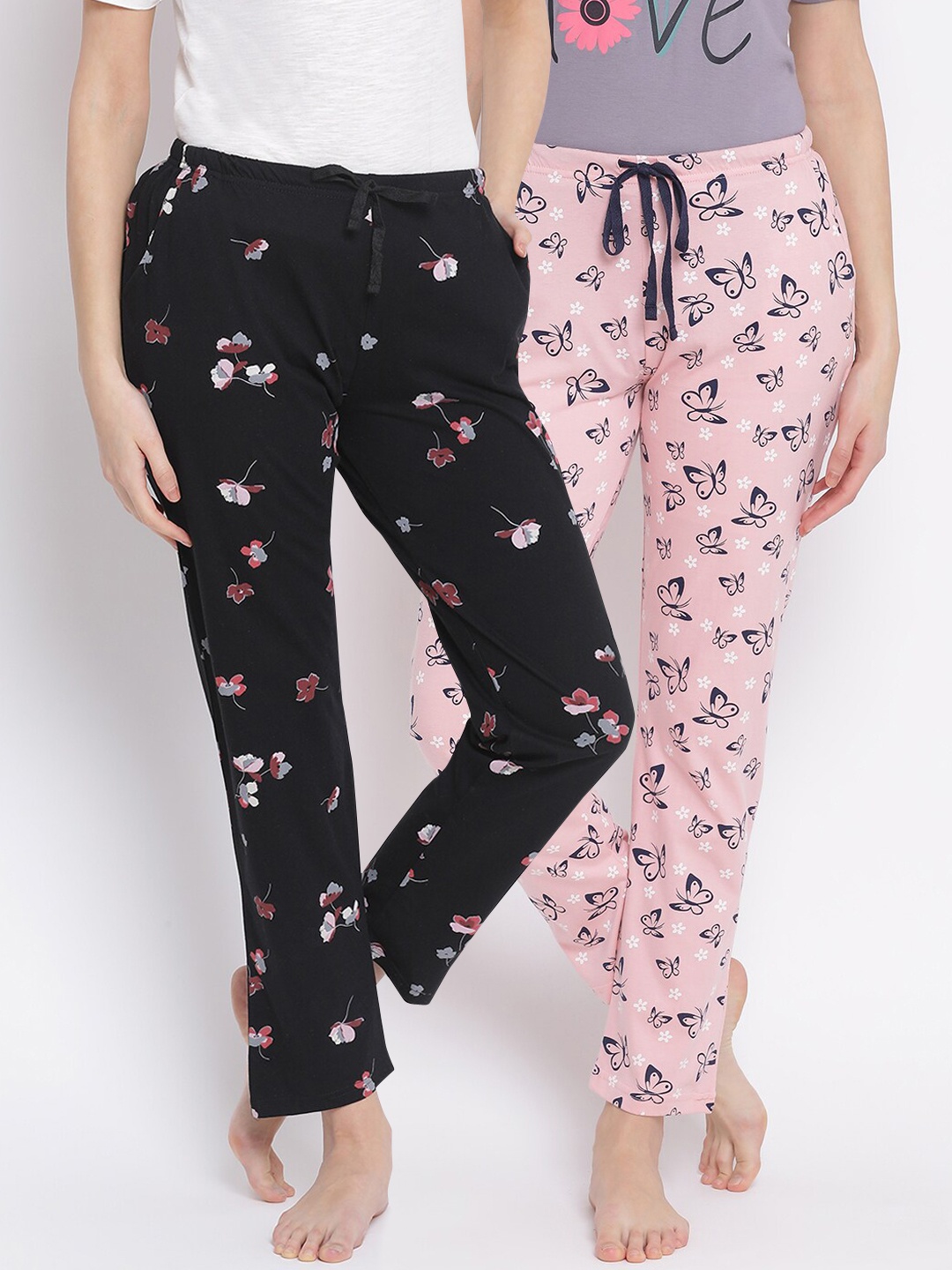 

Kanvin Women Pack of 2 Printed Pure Cotton Lounge Pants, Pink