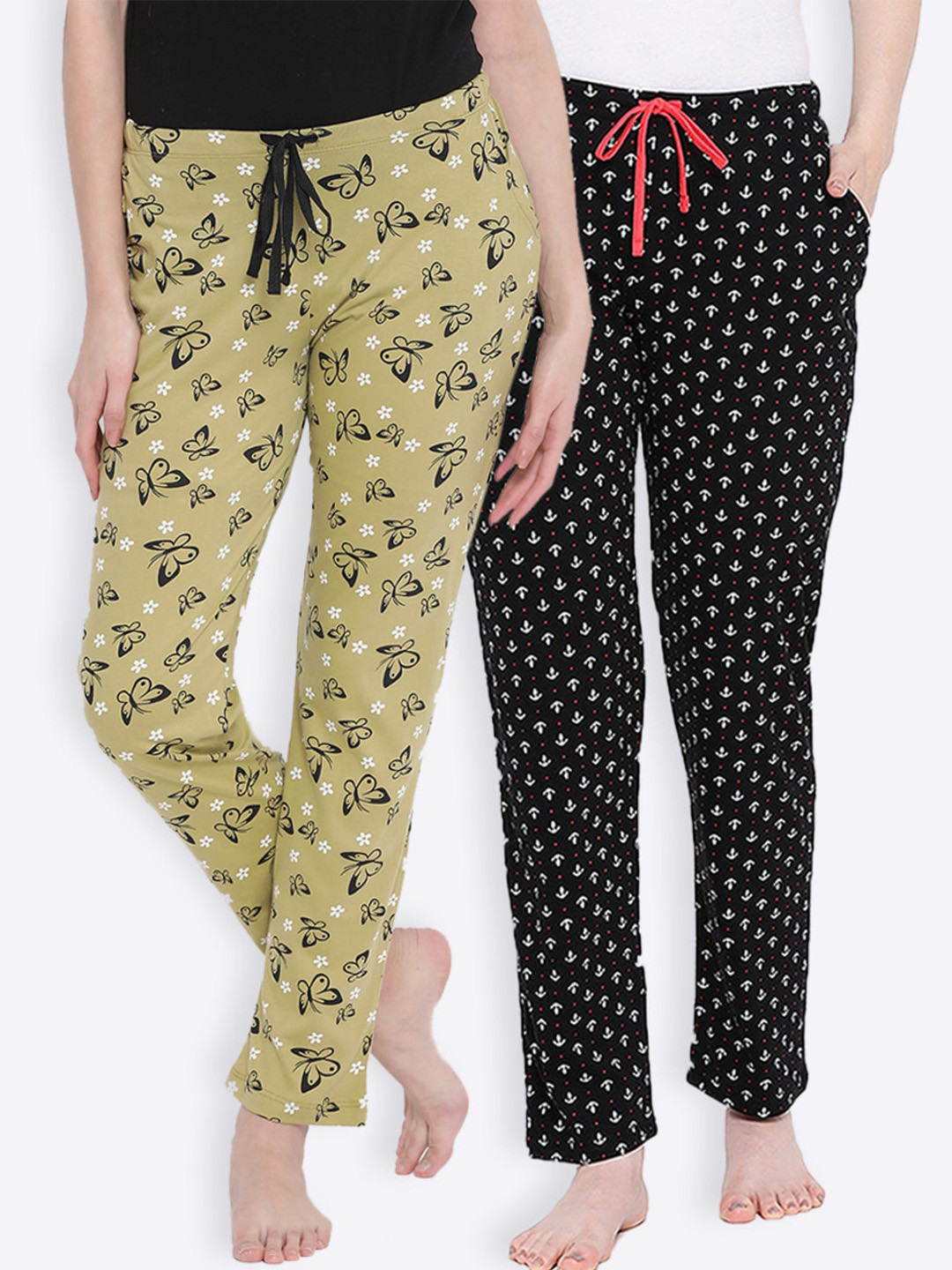 

Kanvin Women Pack Of 2 Printed Pure Cotton Lounge Pants, Green