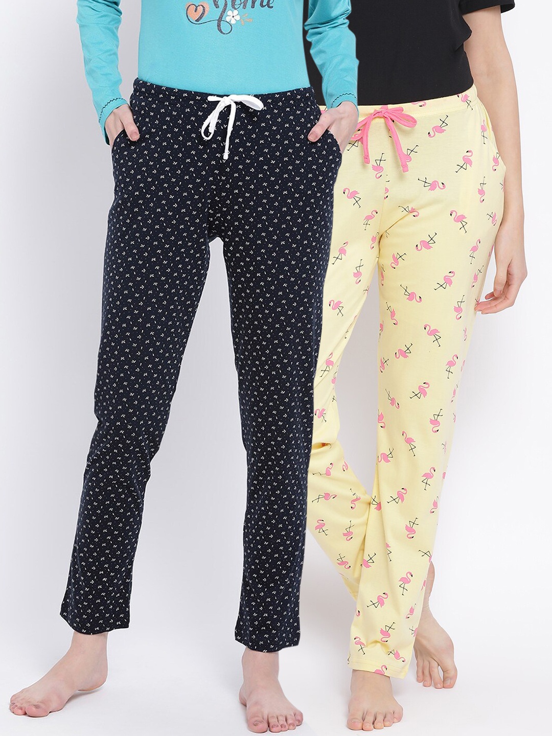 

Kanvin Women Pack Of 2 Yellow & Navy Blue Printed Pure Cotton Lounge Pants