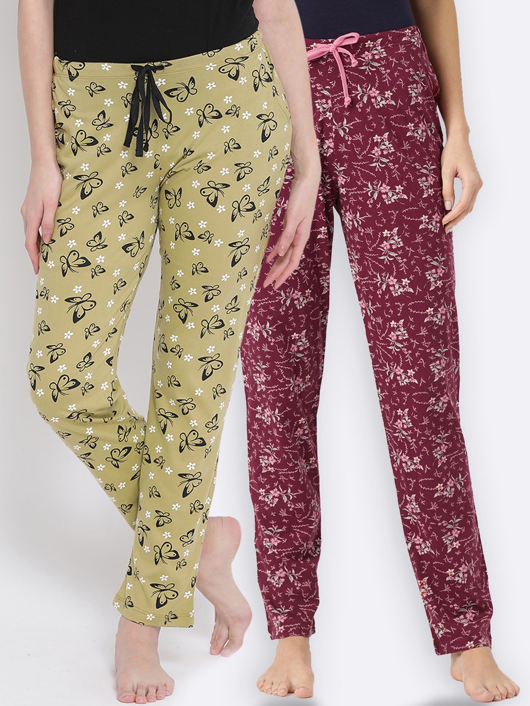 

Kanvin Women Pack Of 2 Printed Pure Cotton Lounge Pants, Green