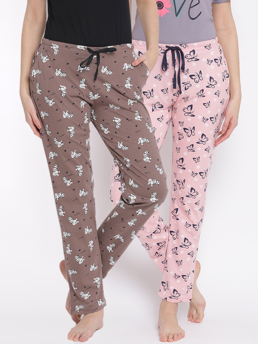 

Kanvin Women Pack Of 2 Printed Pure Cotton Lounge Pants, Brown