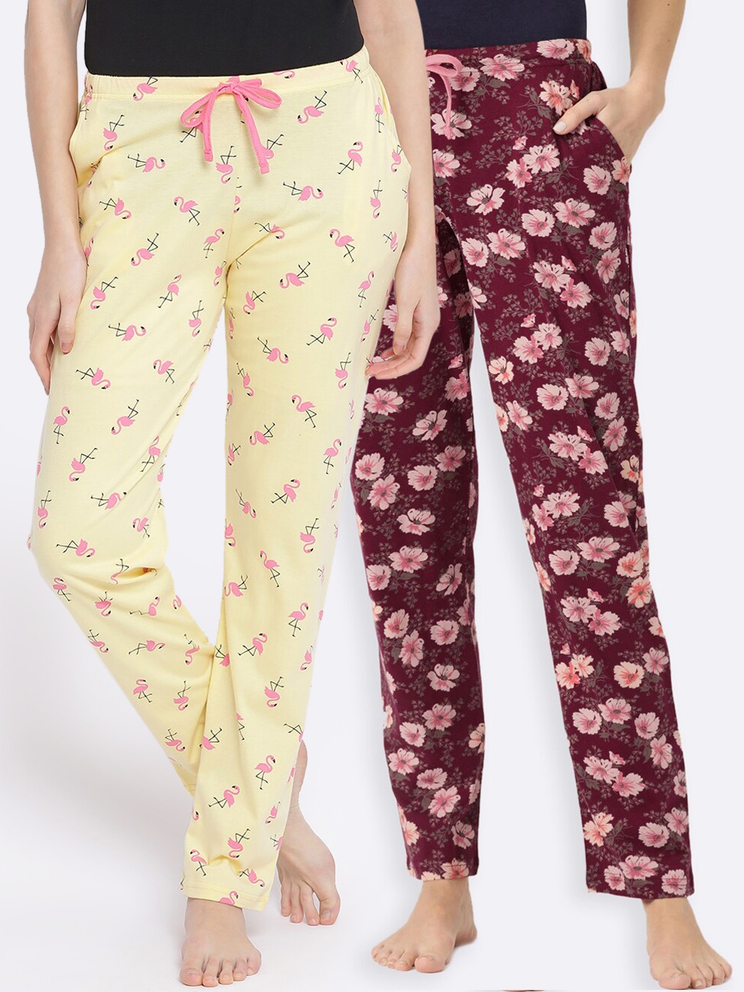 

Kanvin Women Pack Of 2 Printed Pure Cotton Lounge Pants, Yellow