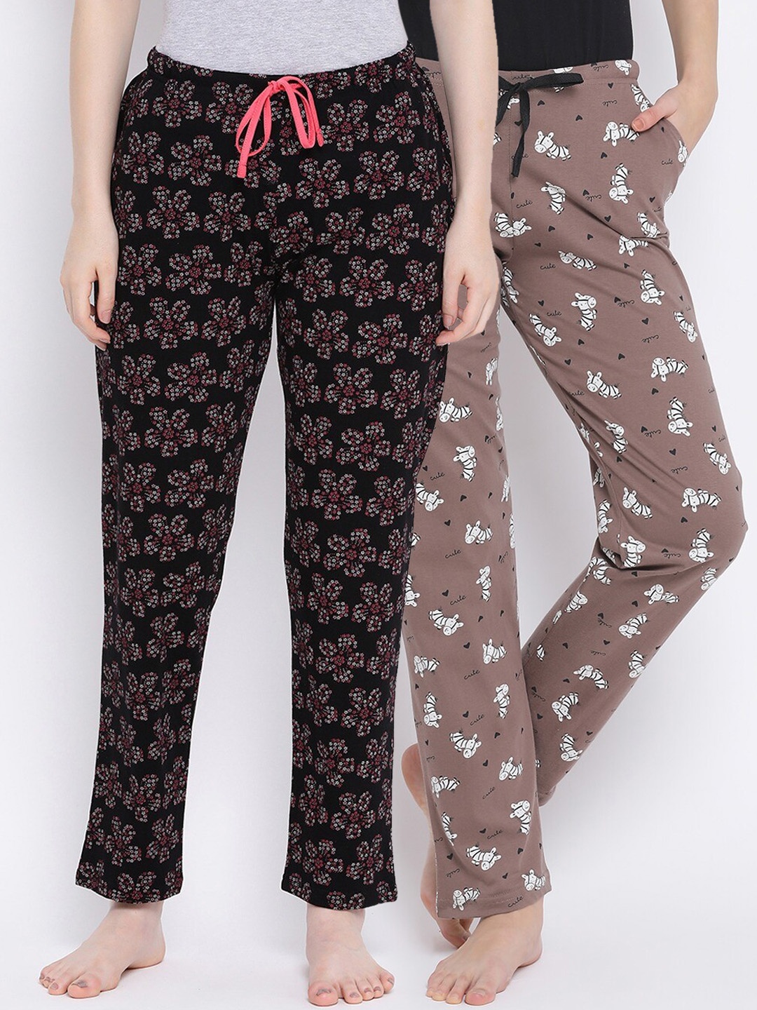 

Kanvin Women Pack Of 2 Printed Pure Cotton Lounge Pants, Brown