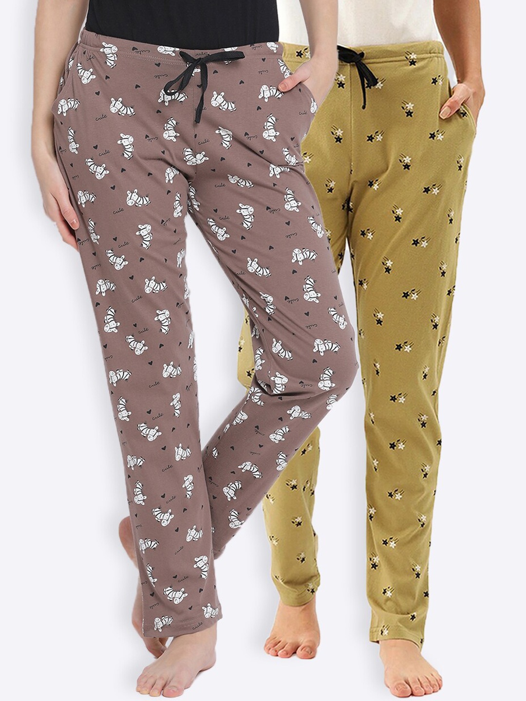 

Kanvin Women Pack Of 2 Printed Pure Cotton Lounge Pants, Brown
