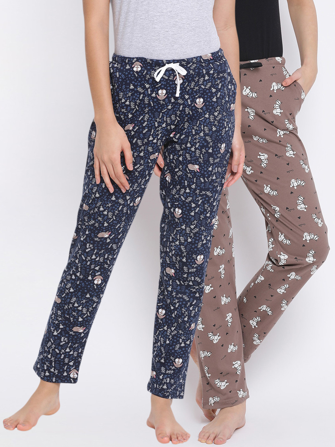 

Kanvin Women Pack of 2 Printed Pure Cotton Lounge Pants, Brown