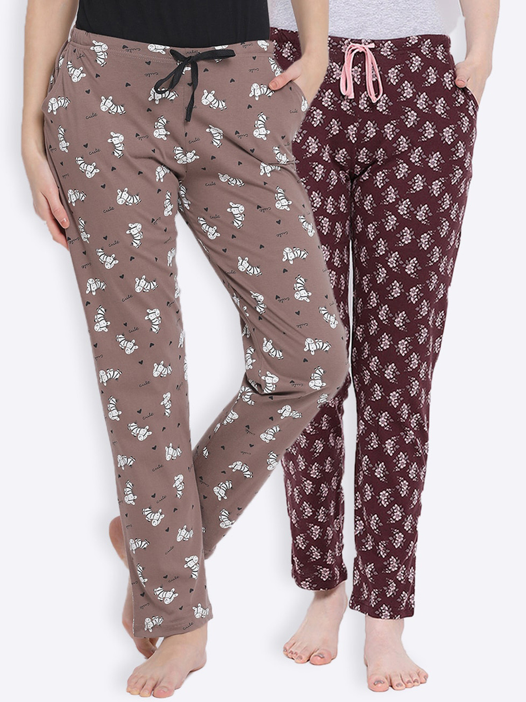 

Kanvin Women Pack Of 2 Printed Cotton Lounge Pants, Brown