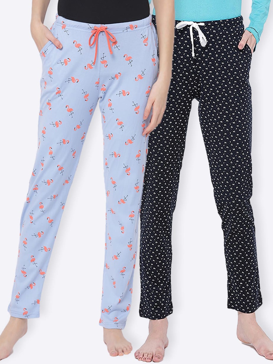 

Kanvin Women Pack Of 2 Printed Pure Cotton Lounge Pants, Blue