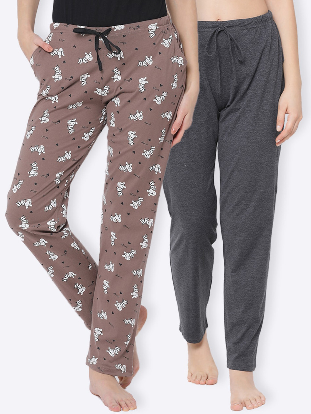 

Kanvin Women Pack Of 2 Printed Pure Cotton Lounge Pants, Brown