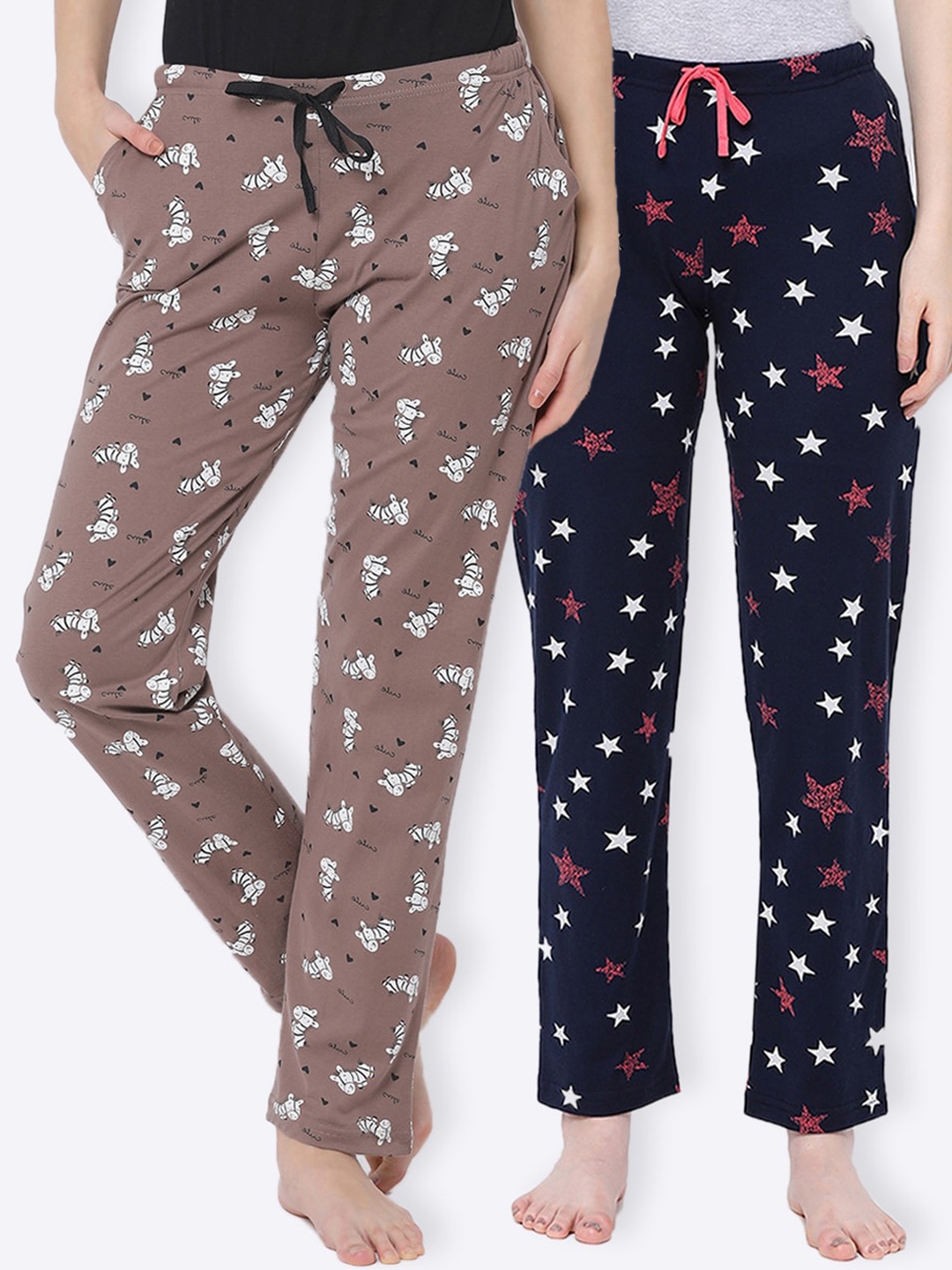 

Kanvin Women Pack Of 2 Printed Pure Cotton Lounge Pants, Brown
