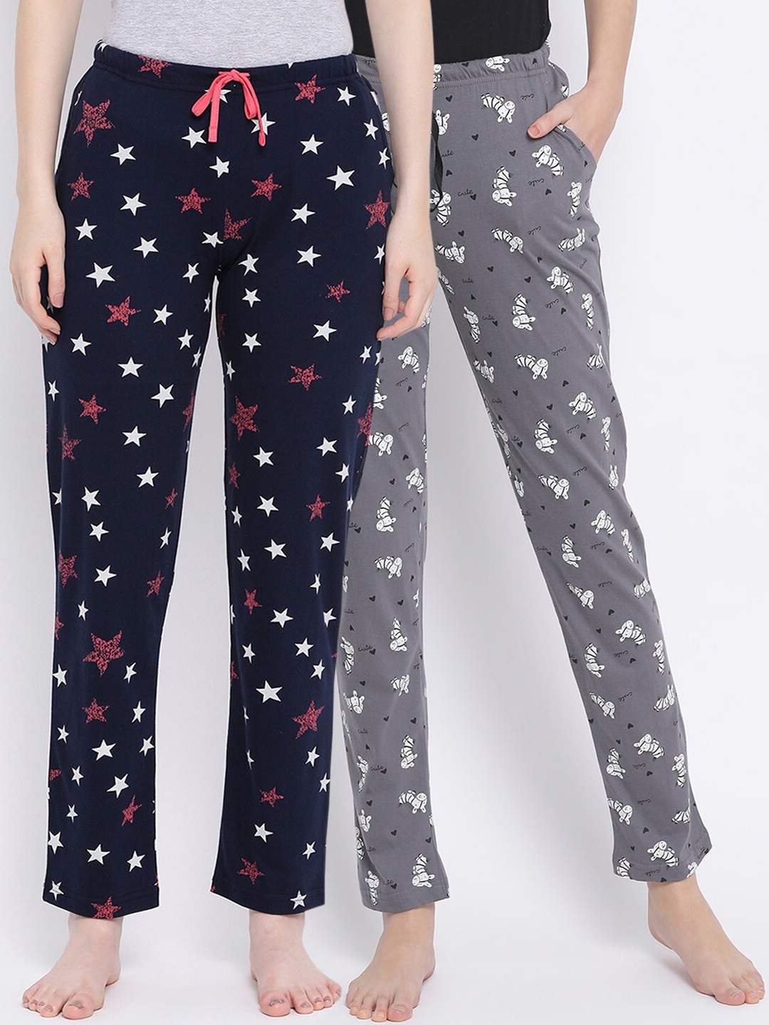 

Kanvin Women Pack Of 2 Printed Pure Cotton Lounge Pants, Grey