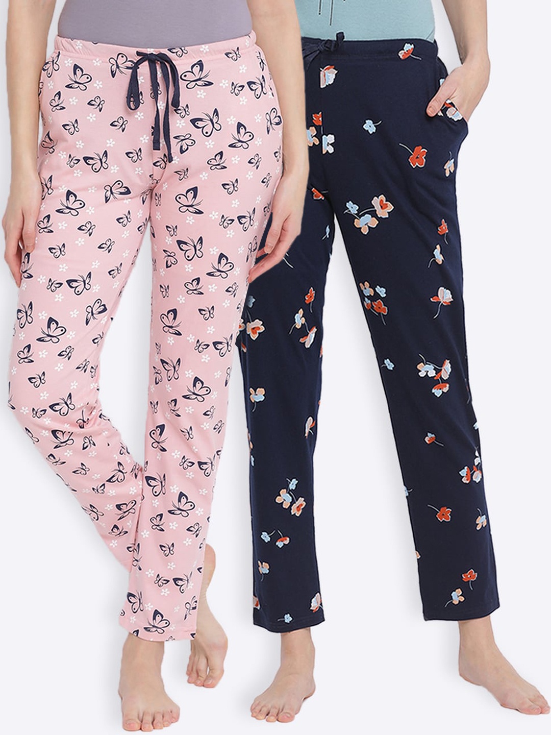 

Kanvin Women Pack of 2 Printed Pure Cotton Lounge Pants, Pink