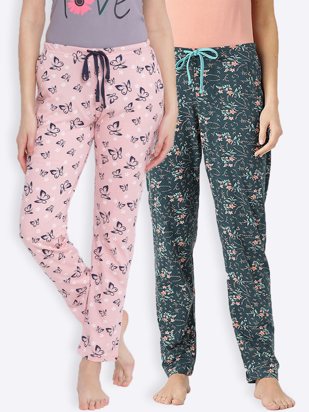 

Kanvin Women Pack Of 2 Printed Pure Cotton Lounge Pants, Pink