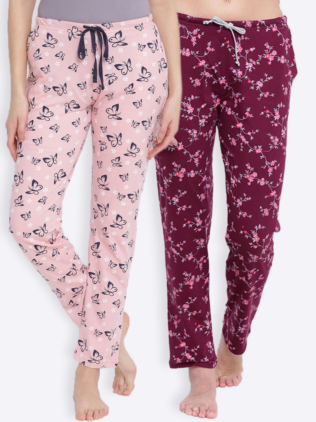 

Kanvin Women Pack Of 2 Printed Pure Cotton Lounge Pants, Pink