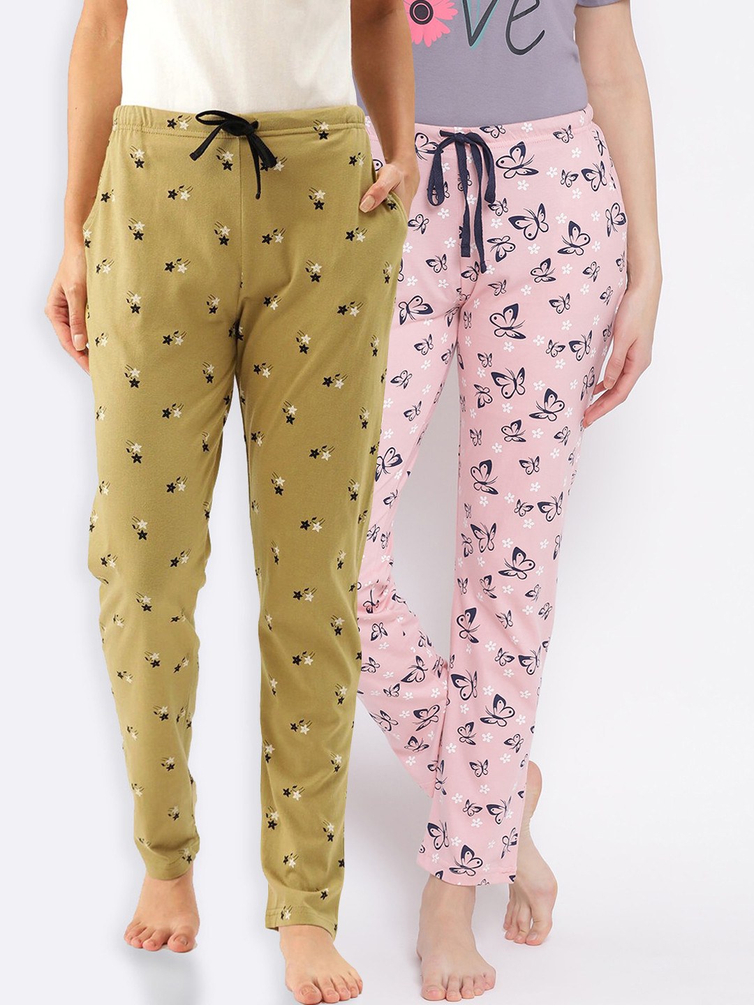 

Kanvin Women Pack Of 2 Printed Pure Cotton Lounge Pants, Pink