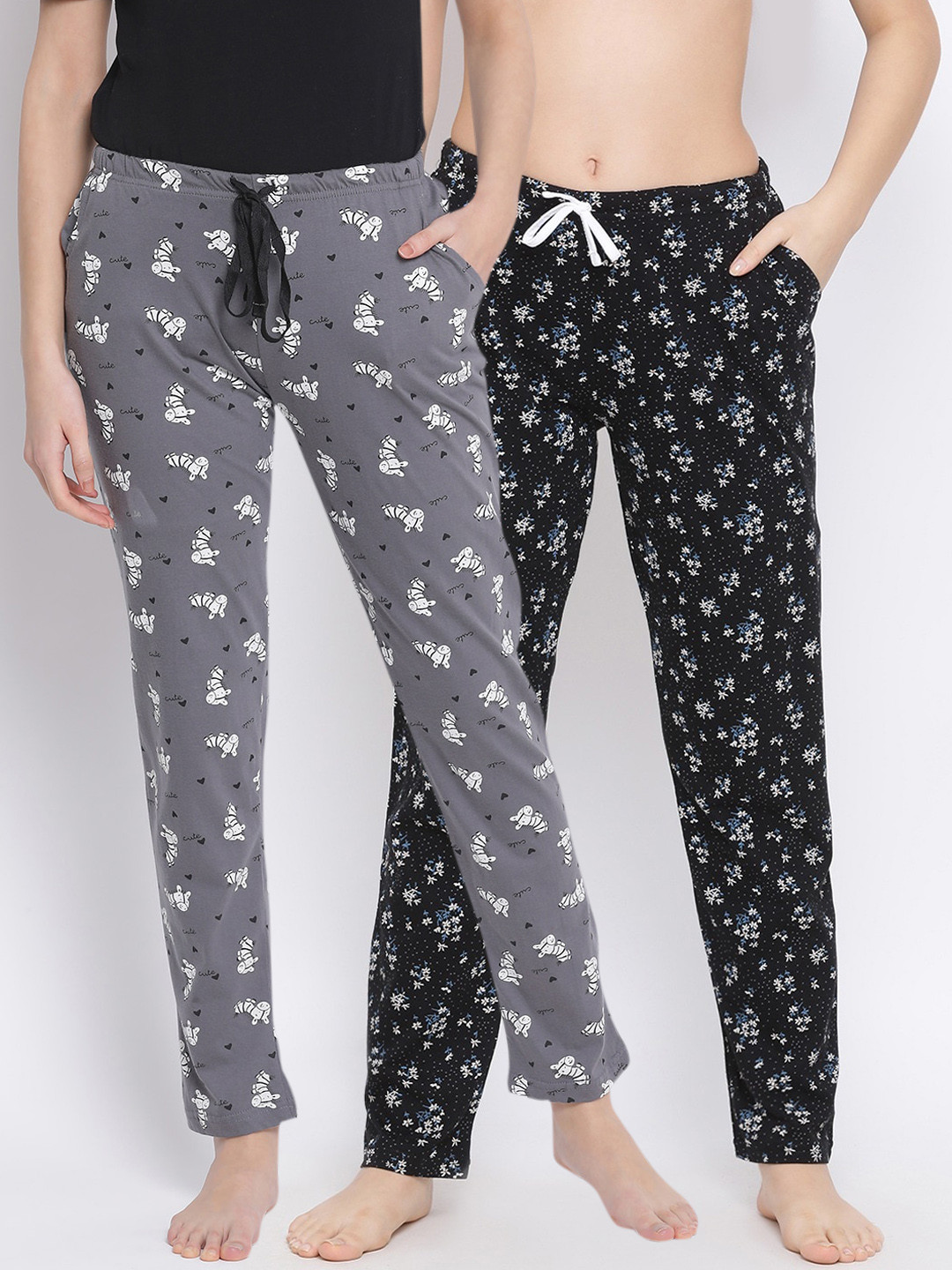

Kanvin Women Pack of 2 Grey & Black Printed Cotton Lounge Pants