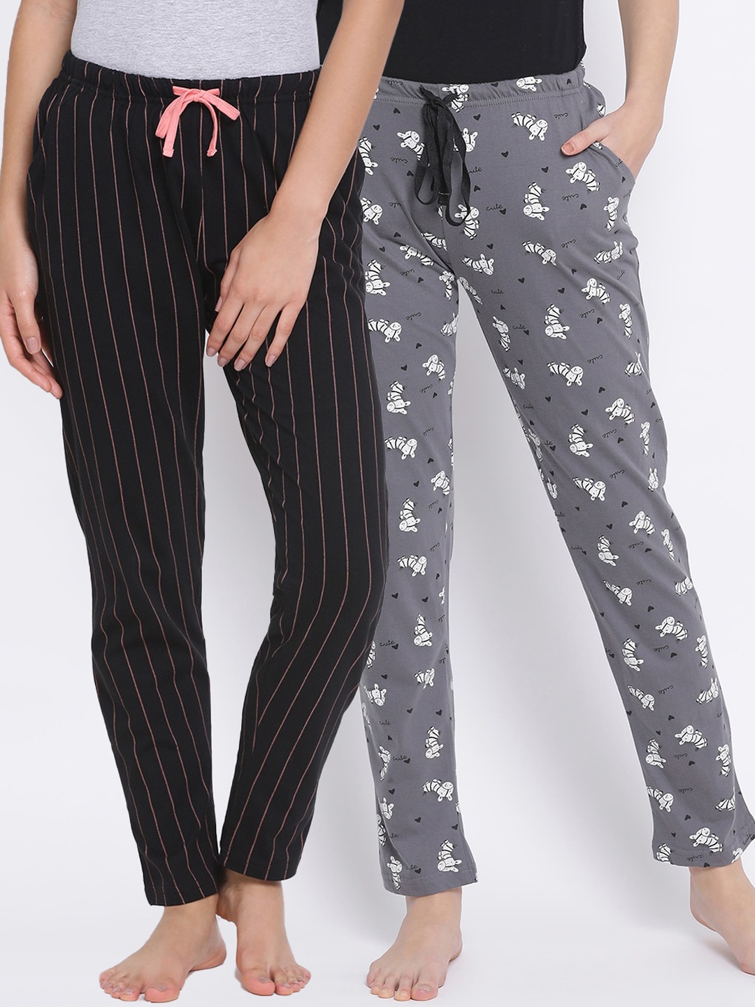

Kanvin Women Pack Of 2 Printed Pure Cotton Lounge Pants, Grey
