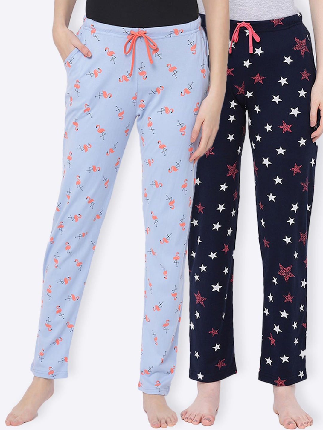 

Kanvin Women Pack Of 2 Blue & Pink Printed Pure Cooton Lounge Pants