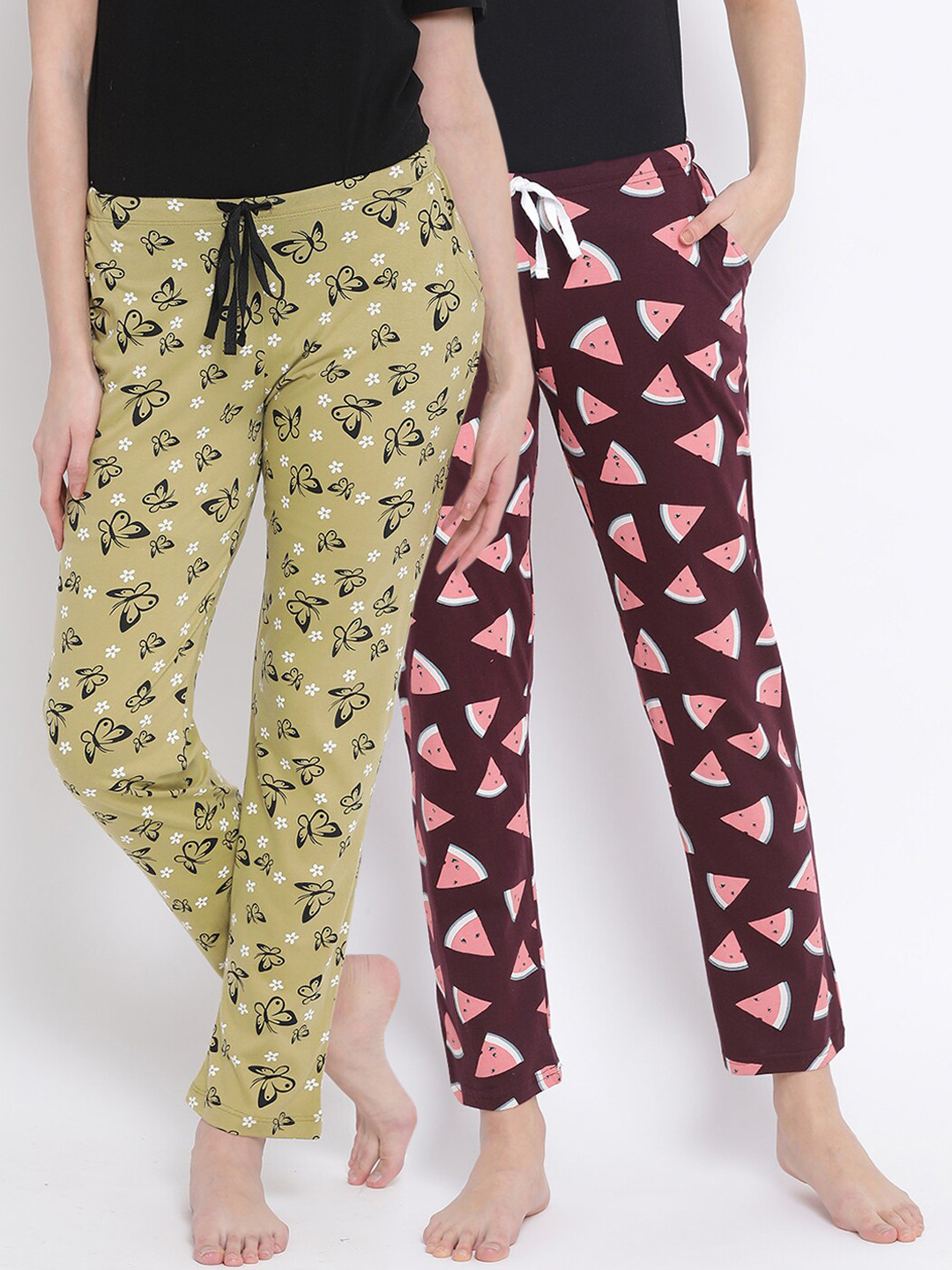 

Kanvin Women Pack Of 2 Printed Pure Cotton Lounge Pants, Green
