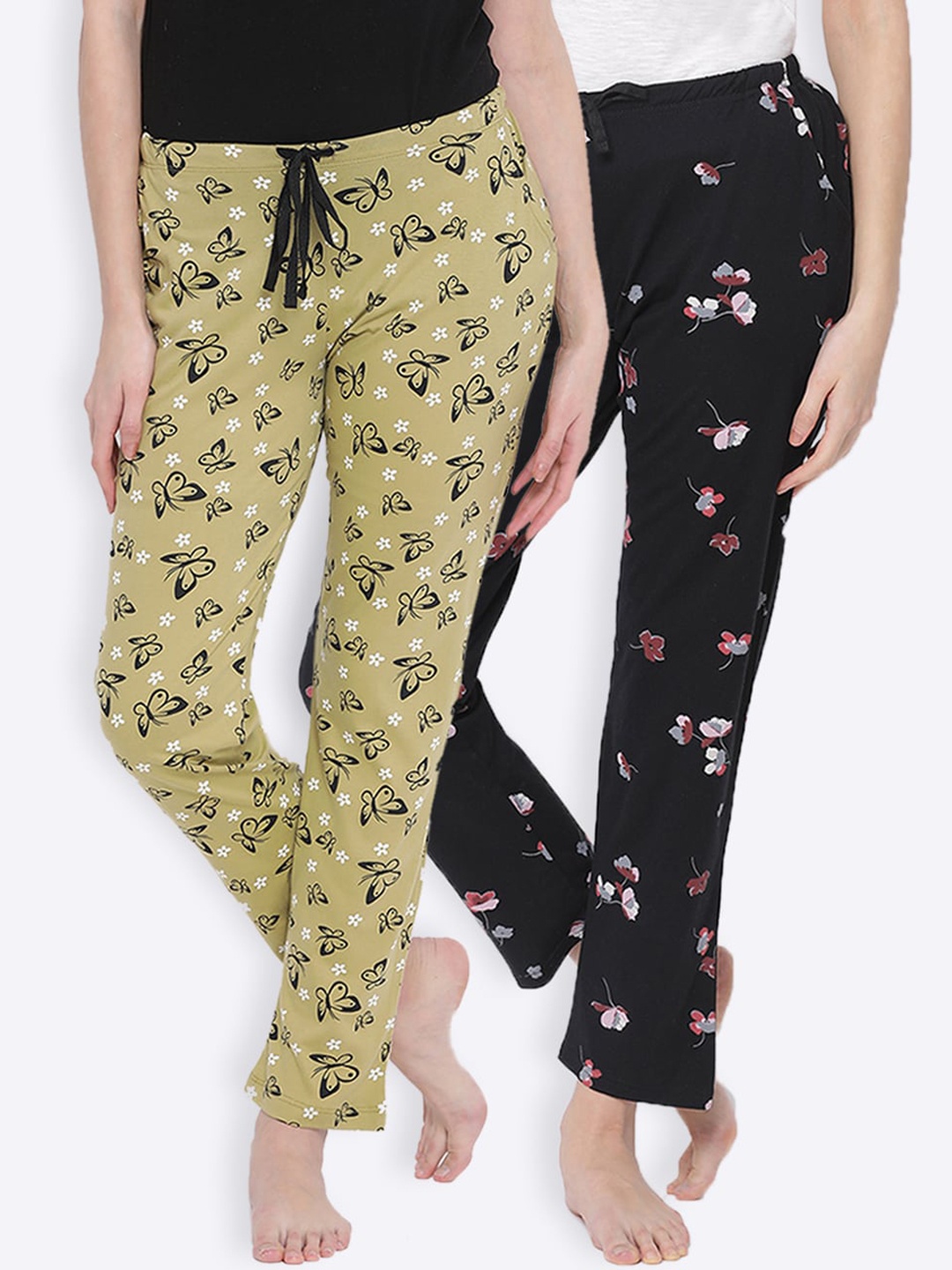 

Kanvin Women Pack of 2 Printed Pure Cotton Lounge Pants, Green