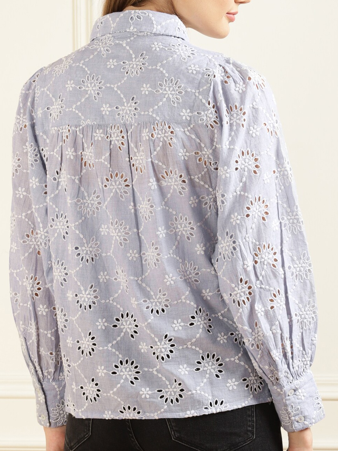 

Phase Eight Women Blue Slim Fit Floral Schiffli Pure Cotton Casual Shirt