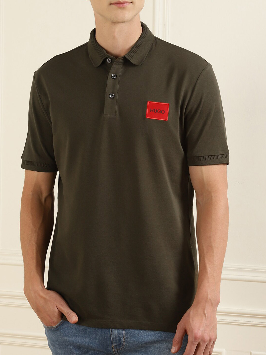 

HUGO Men Olive Green Polo Collar Pure Cotton T-shirt