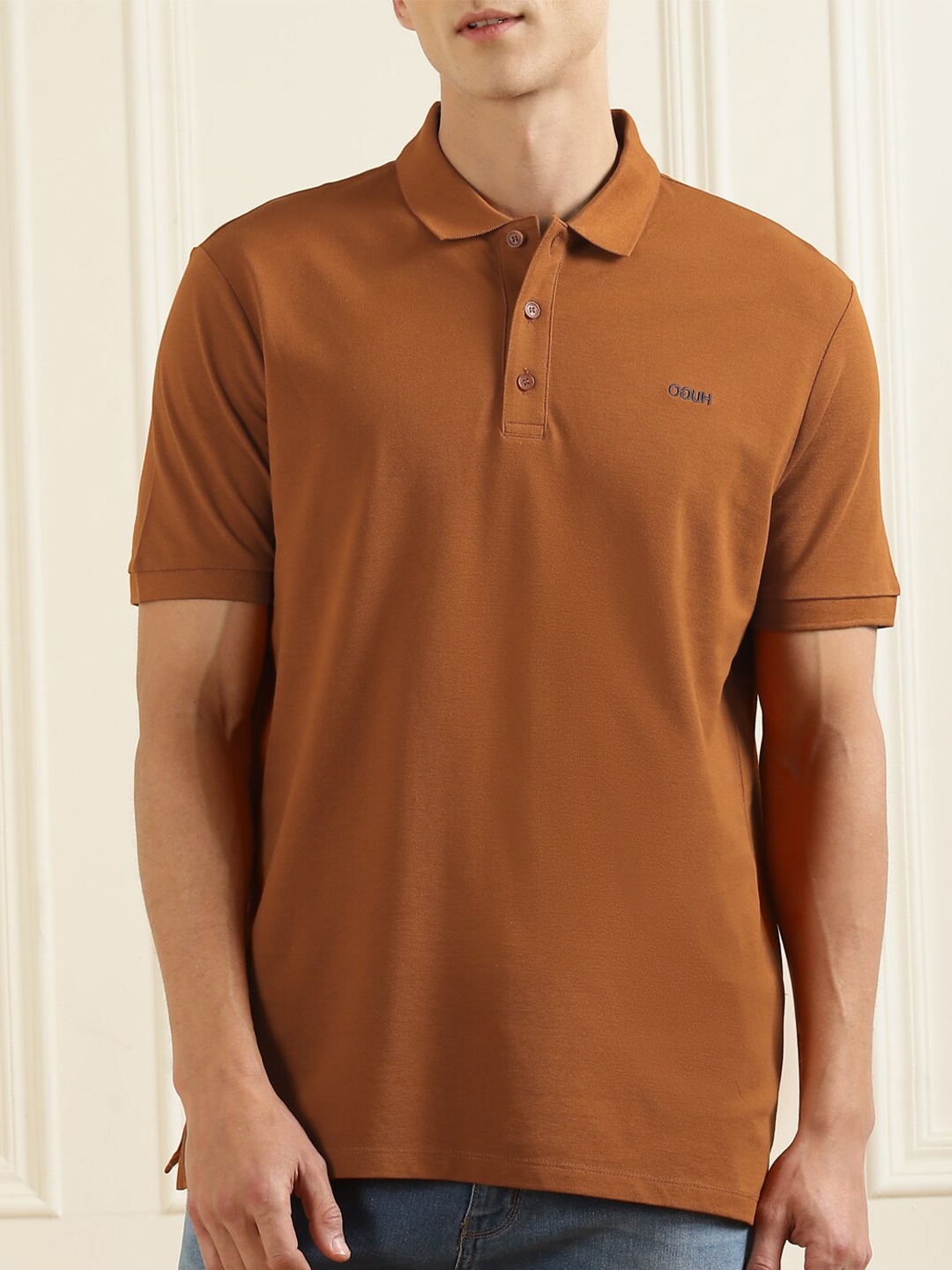 

HUGO Men Brown Polo Collar Solid Pure Cotton T-shirt