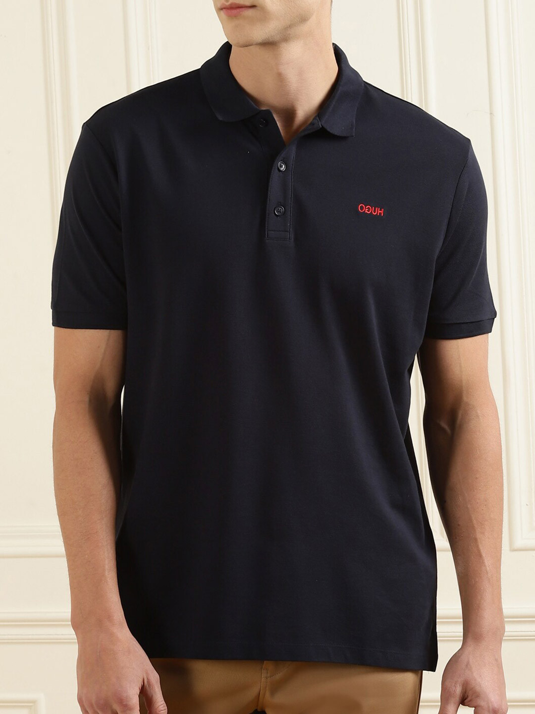 

HUGO Men Navy Blue Polo Collar Pure Cotton T-shirt