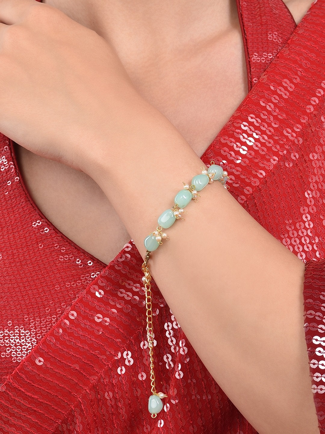

Zaveri Pearls Women Gold-Plated & Sea Green Wraparound Bracelet
