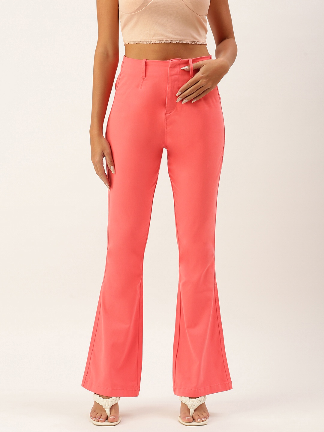 

FOREVER 21 Women Coral Red Solid Mid-Rise Bootcut Trousers