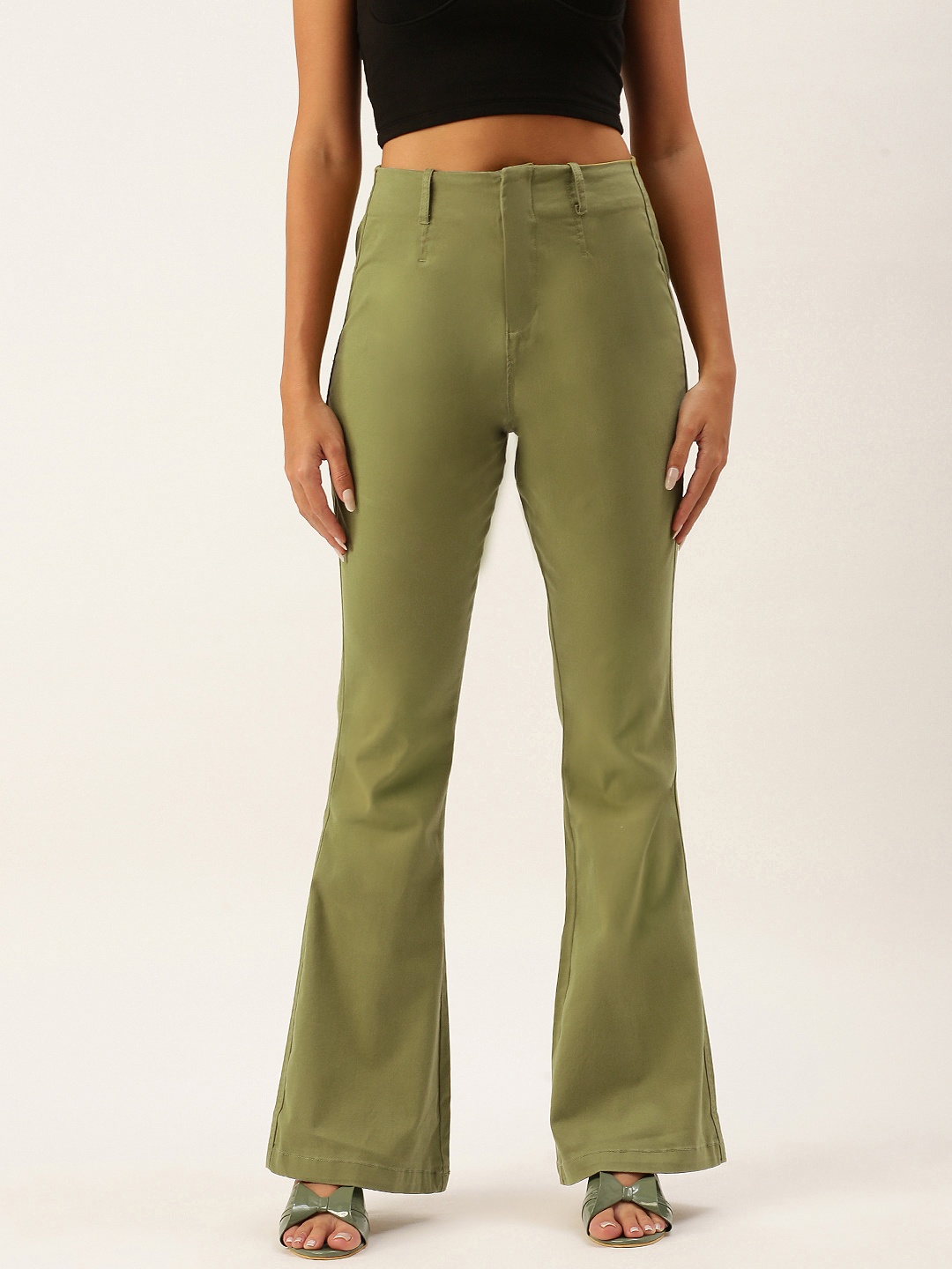 

FOREVER 21 Women Olive Green Solid Mid-Rise Bootcut Trousers