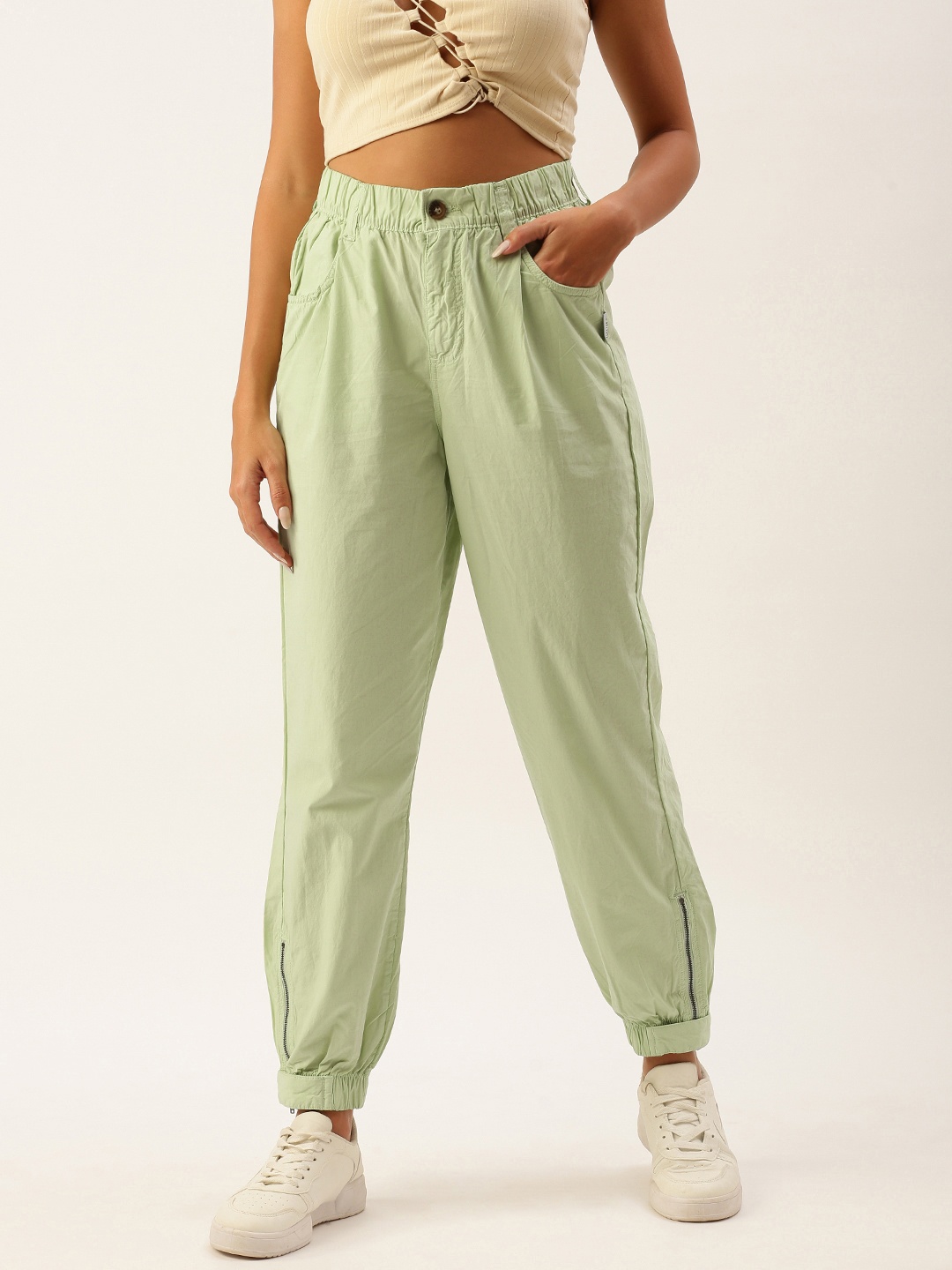 

FOREVER 21 Women Light Green Solid Mid-Rise Pure Cotton Joggers Trousers