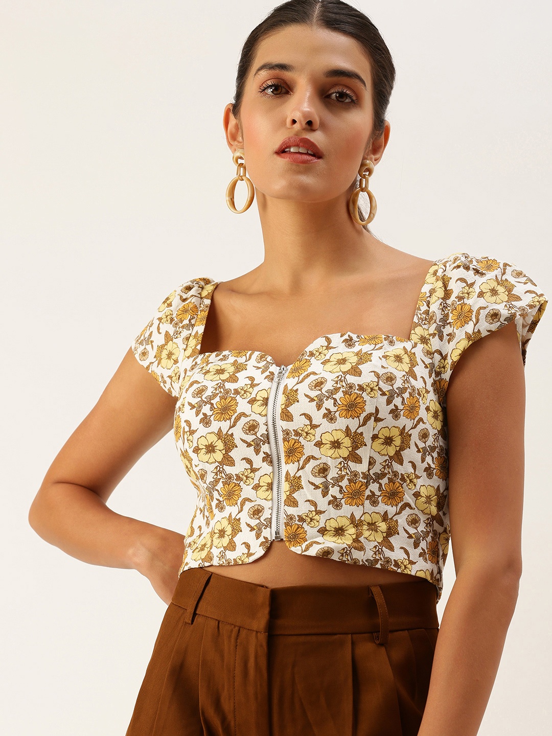 

FOREVER 21 White & Yellow Floral Print Crop Top