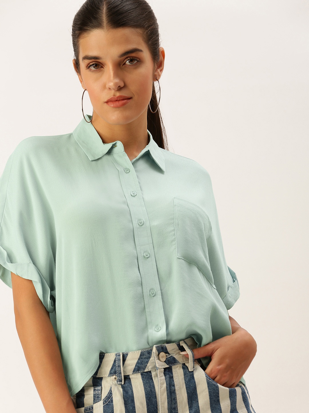 

FOREVER 21 Women Sea Green Extended Sleeves Casual Shirt