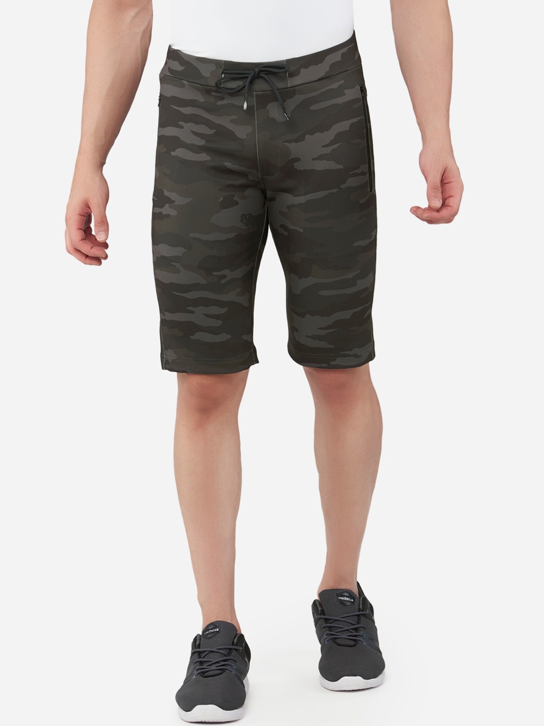

beevee Men Grey & Olive Green Camouflage Printed Training or Gym Shorts
