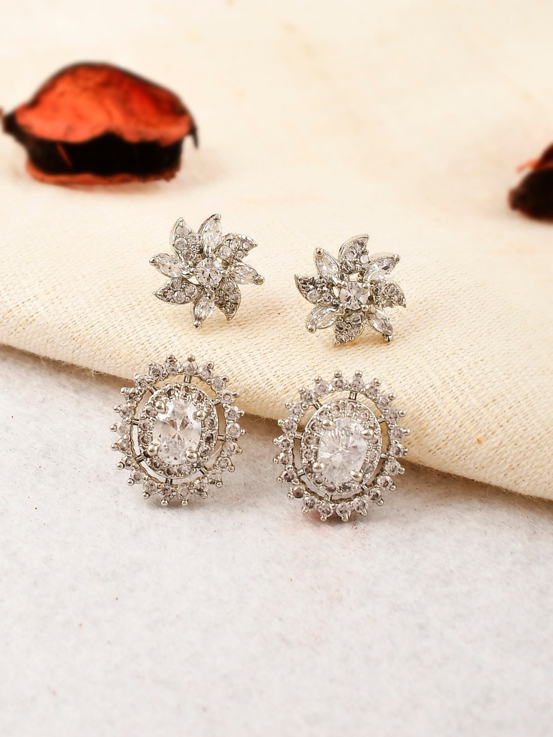 

Shoshaa Set of 2 White & Silver-Plated Classic Cubic Zirconia Studs Earrings