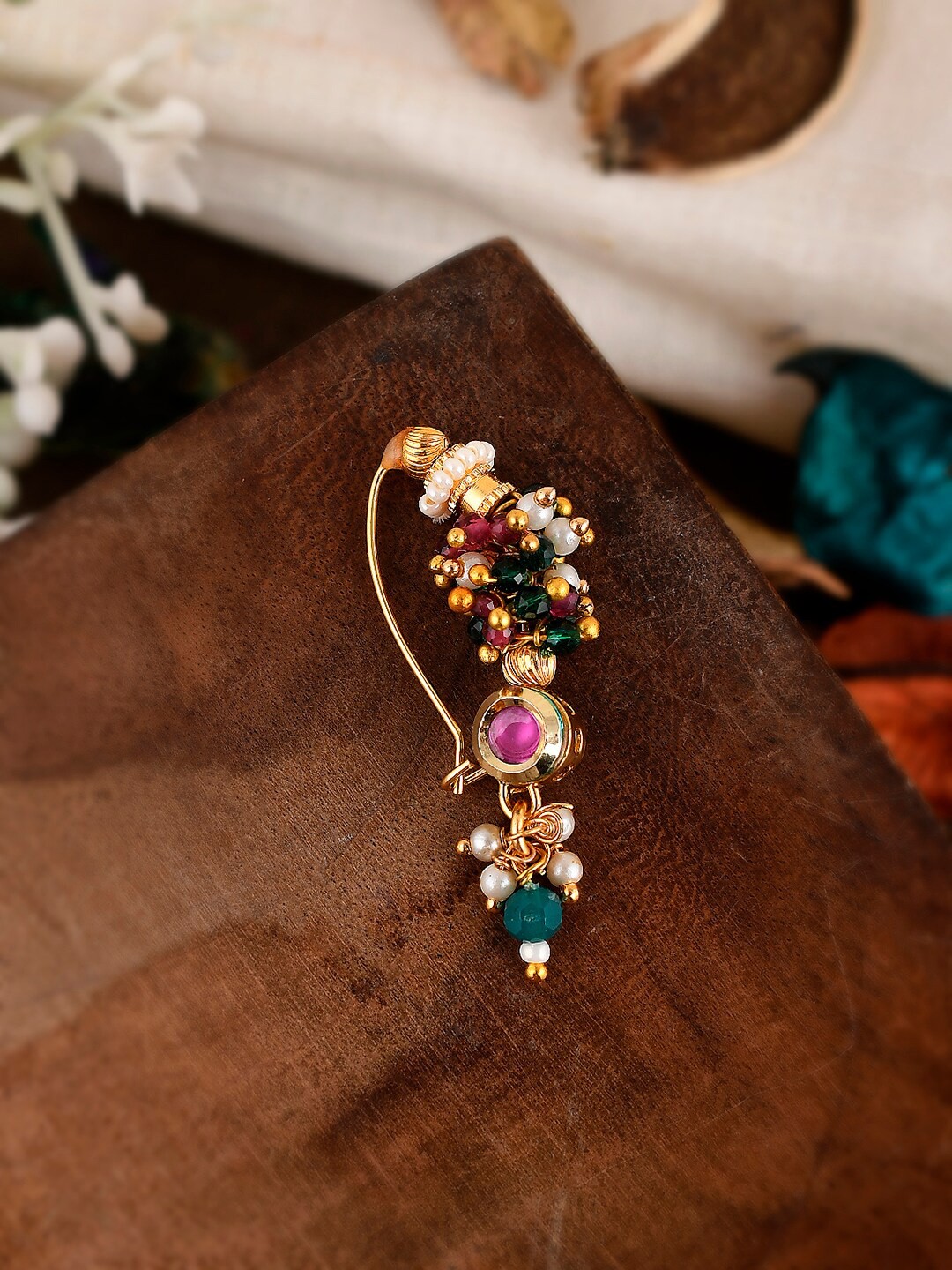 

Shoshaa Gold-Plated Handcrafted Pink stone Studded Nosepin
