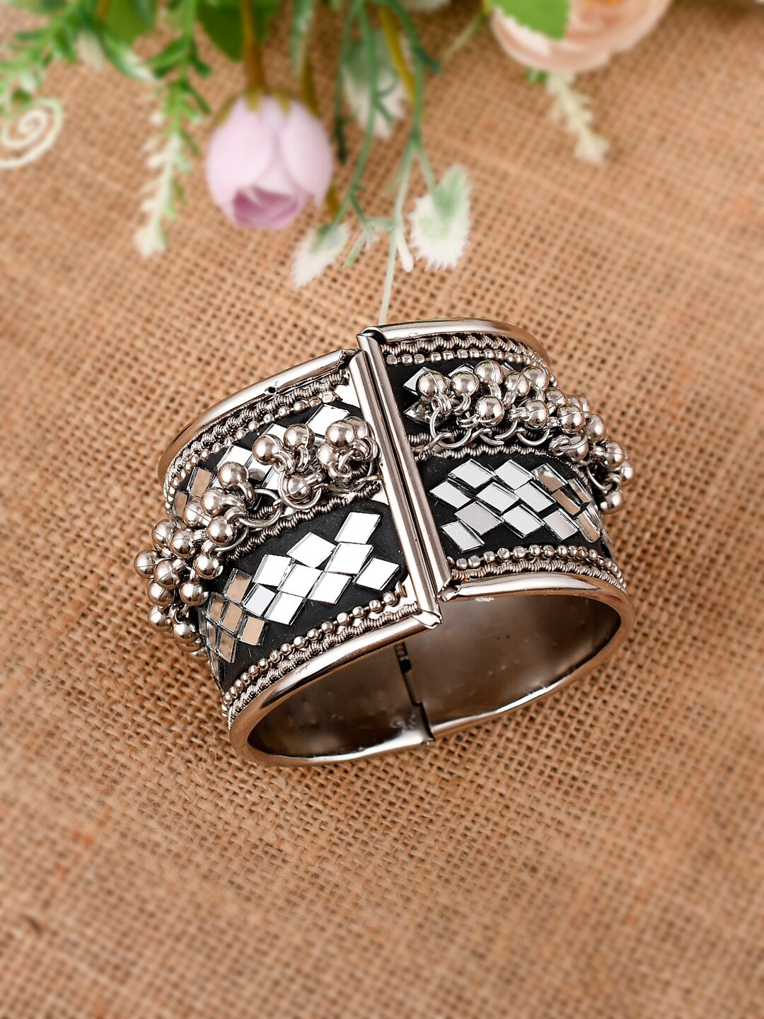 

Shoshaa Silver-Plated Mirror Work Ghungroo Kada Bangle