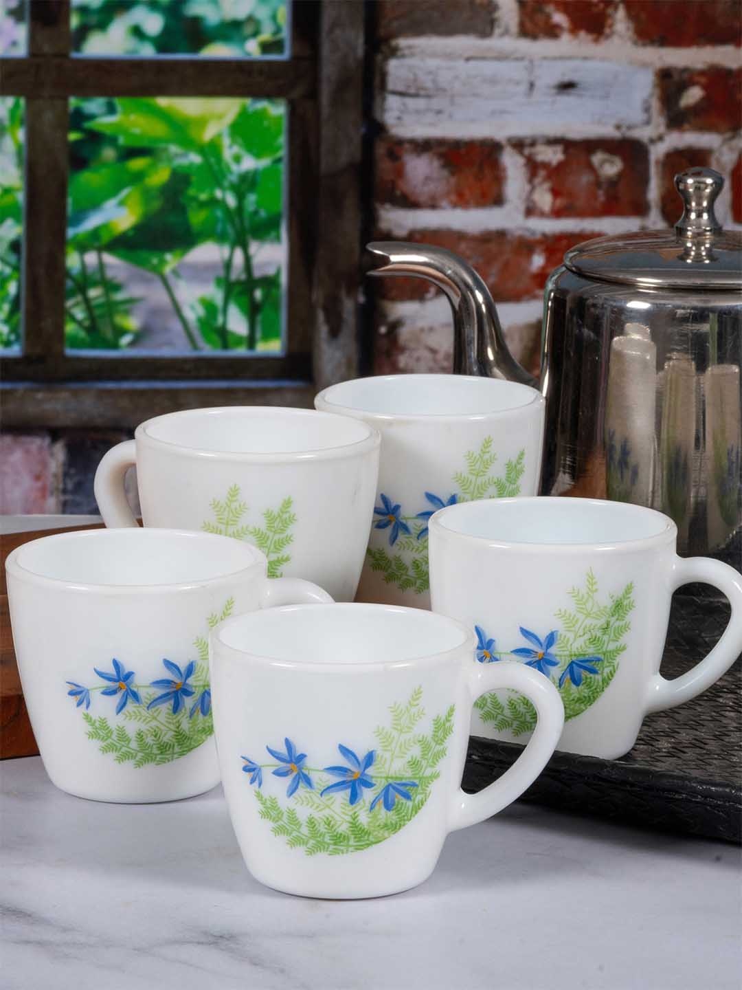 

Cello White & Green Floral Printed Opalware Glossy Mugs Set of Cups and Mugs