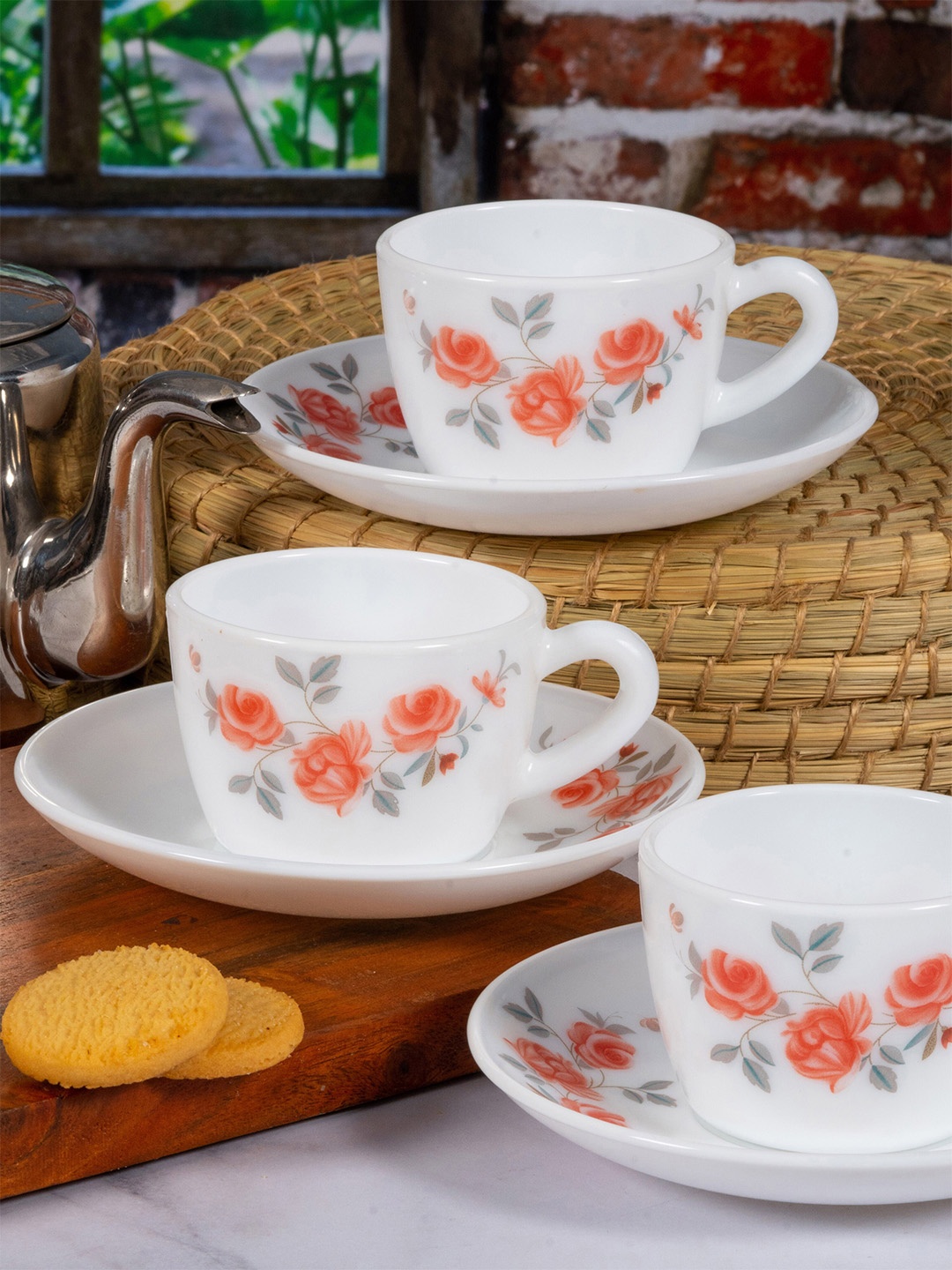 

Cello Imperial Set of 12 Red Rose Fantasy Design Opalware Cup and Saucer Set- 130ml, White