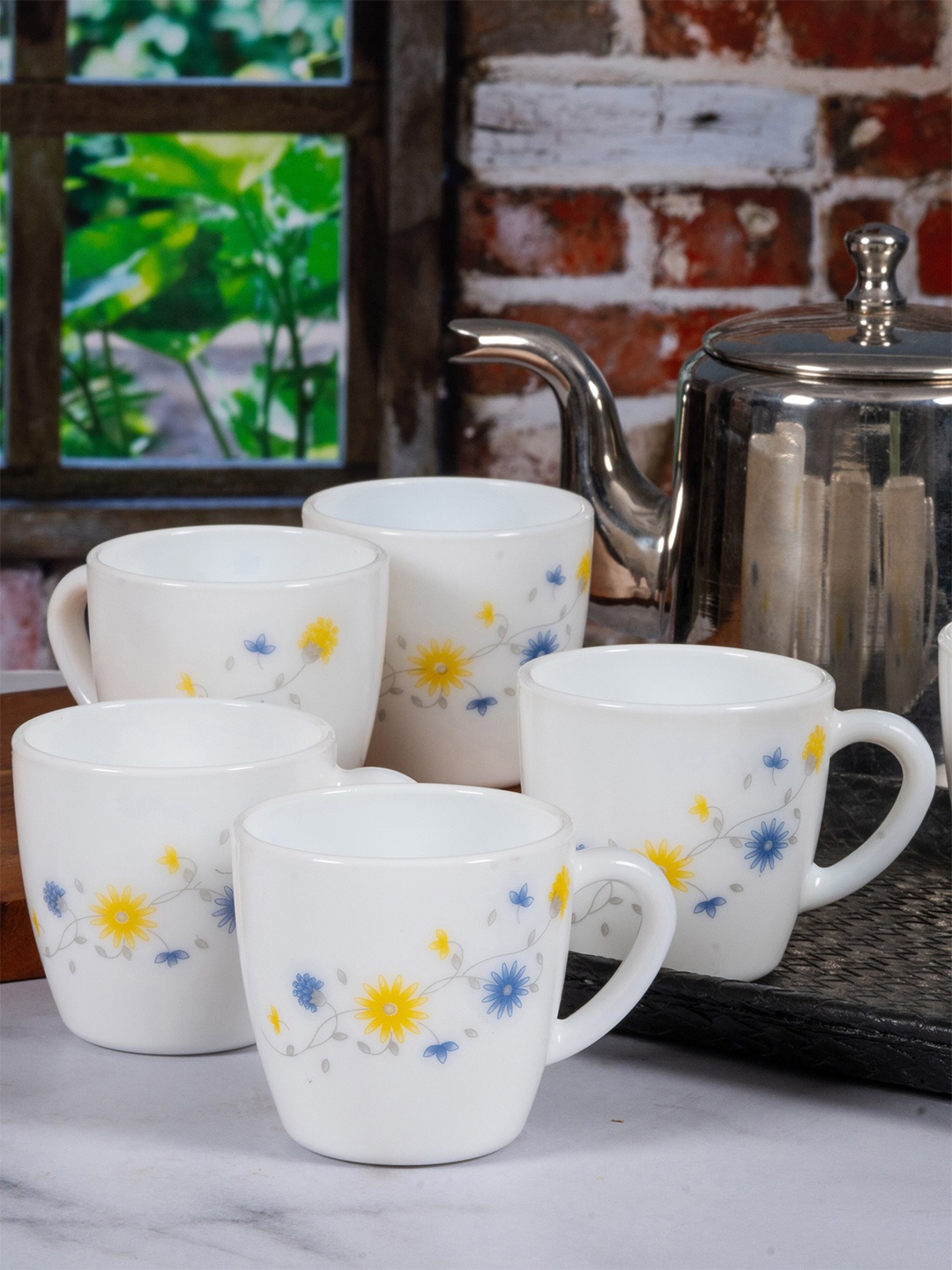 

Cello White & Yellow Floral Printed Opalware Glossy Set of 6 Cups