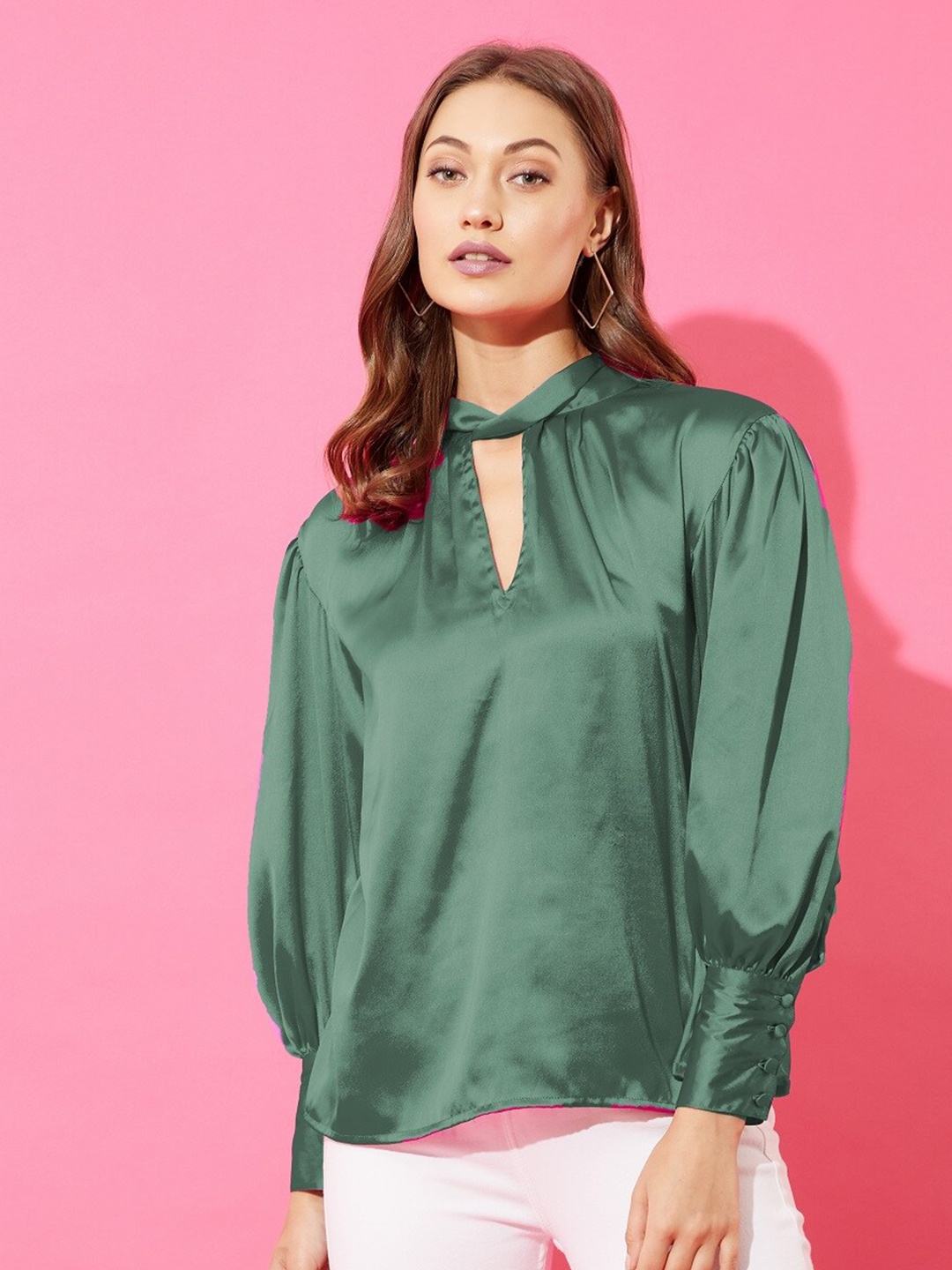 

ANVI Be Yourself Green Solid Satin Top