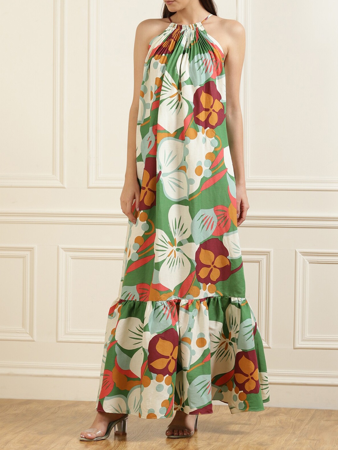 

Ted Baker Green Tropical Halter Neck Linen Maxi Dress