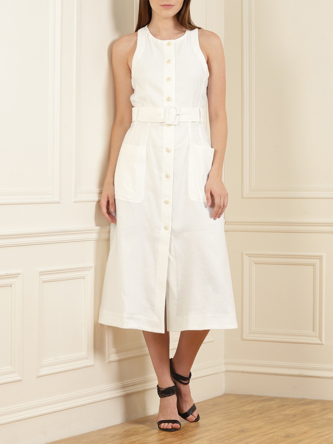 

Ted Baker Off White Solid Halter Neck Linen Maxi Dress