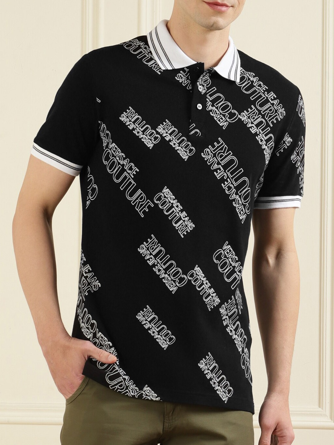 

Versace Jeans Couture Men Black & White Typography Printed Polo Collar Pure Cotton T-shirt