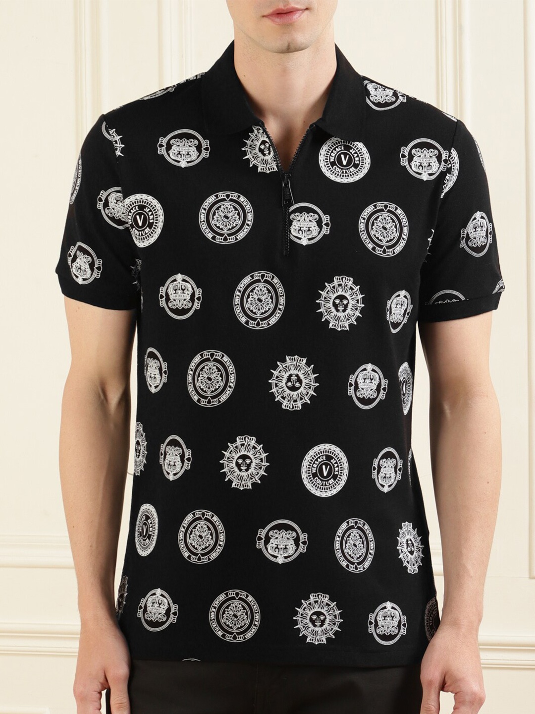 

Versace Jeans Couture Men Black Printed Polo Collar Pure Cotton T-shirt