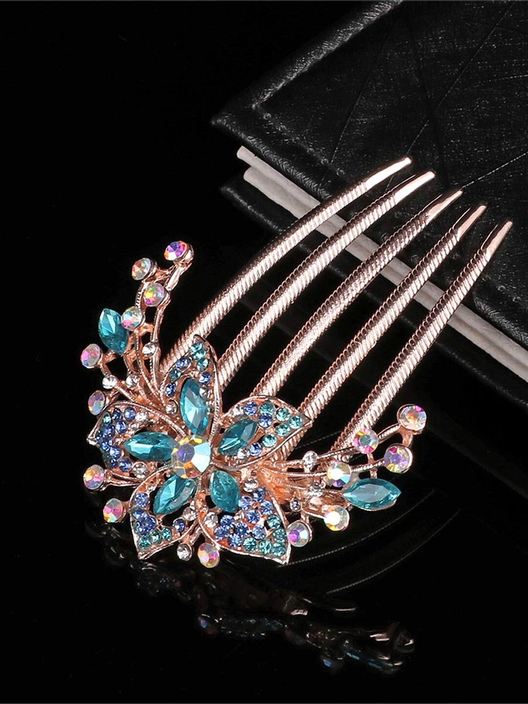 

Yellow Chimes Women Blue Rose Gold Floral Designed Crystal Comb Pin, Multi