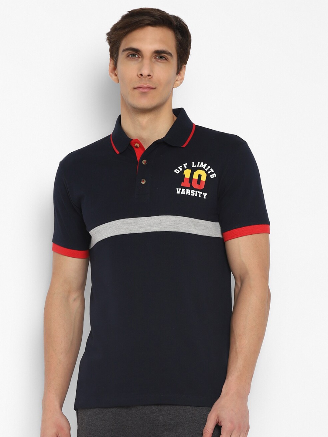 

OFF LIMITS Men Navy Blue Polo Collar Moisture Wicking Cotton T-shirt