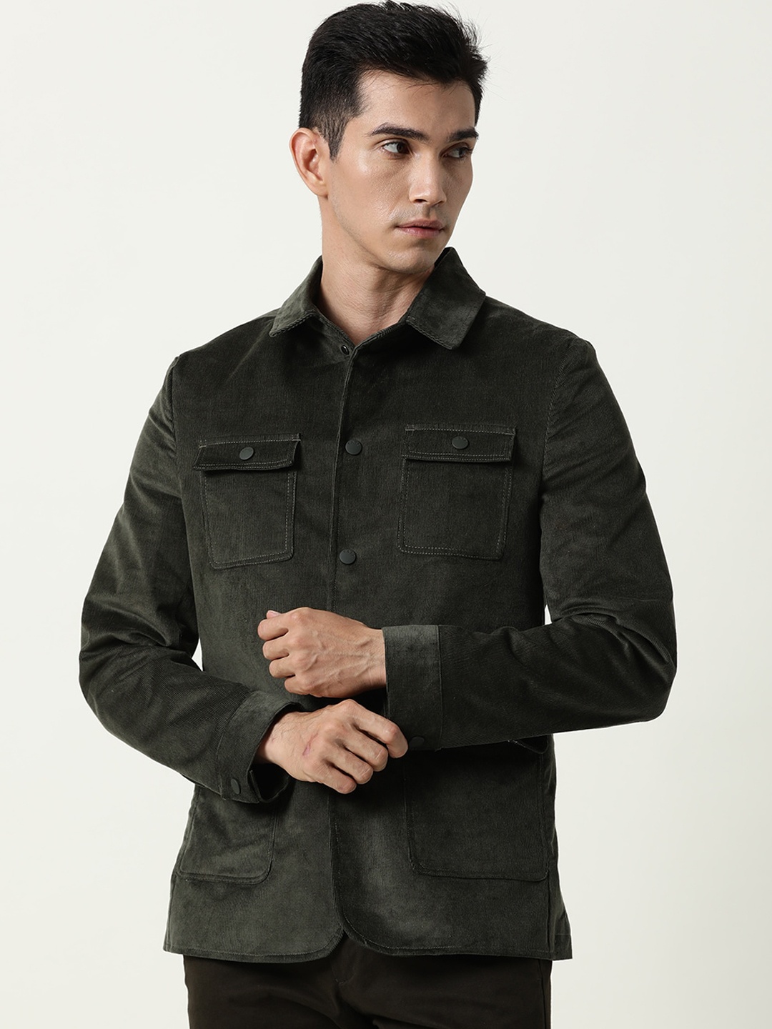 

RARE RABBIT Men Green Solid Cotton Tailored Jacket