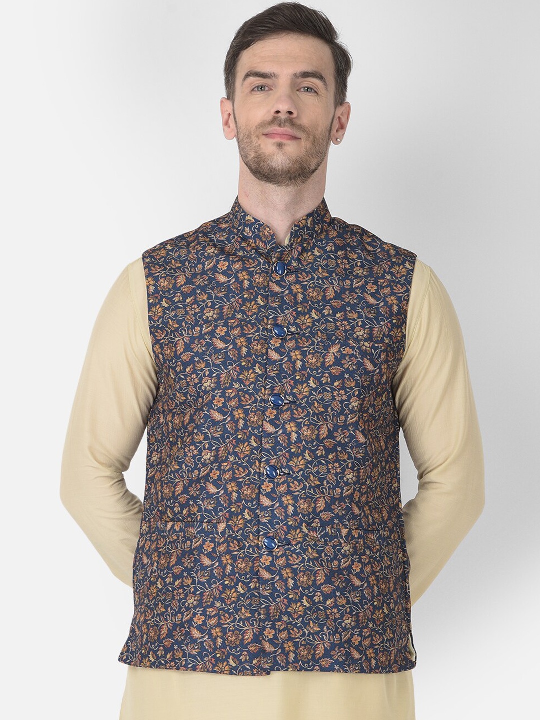 

SG LEMAN Men Navy Blue & Brown Printed Nehru Jackets