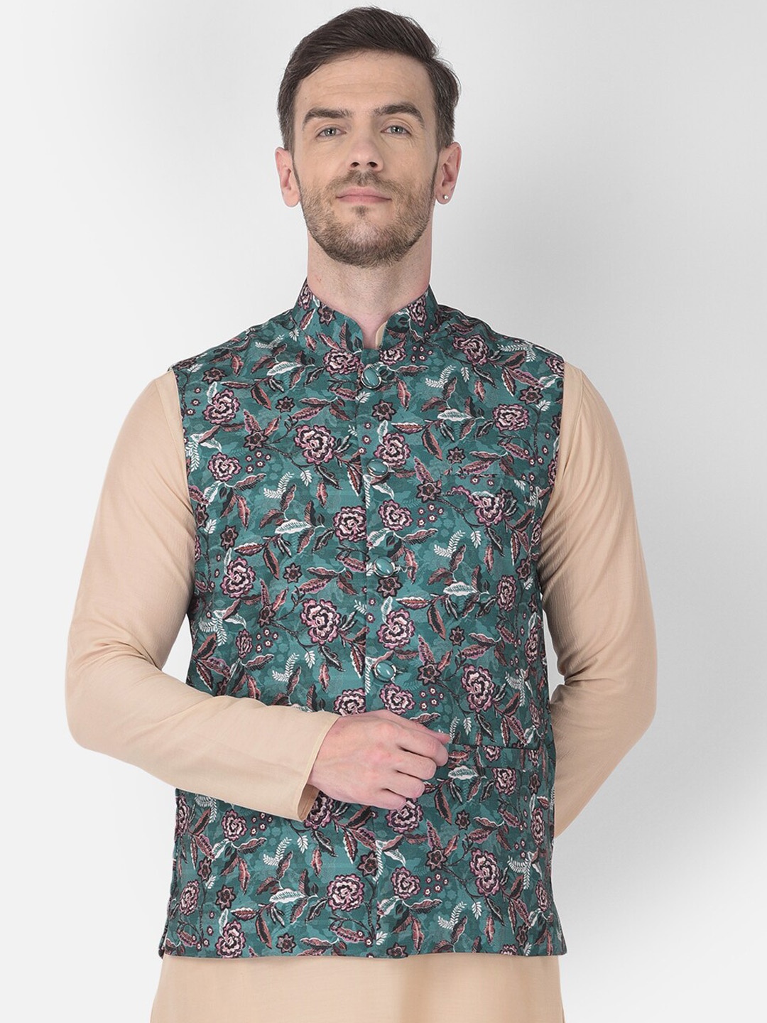 

SG LEMAN Men Teal Printed Nehru Jackets